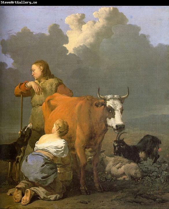 Karel Dujardin Woman Milking a Red Cow